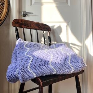 Crochet Chevron Throw Blanket Purple White Handmade Afghan 68x48 Cozy Home Decor